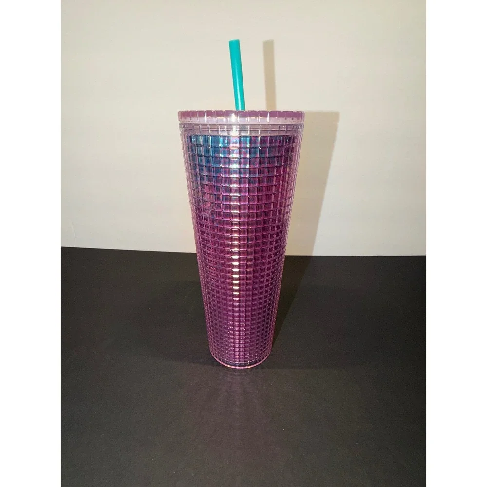 Starbucks Summer Venti‎ 24oz Pink Blue Grid Studded Cold Cup Tumbler Teal Straw